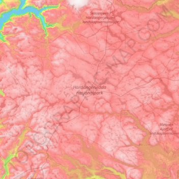 Topografisk kart Hardangervidda nasjonalpark, høyde, relieff
